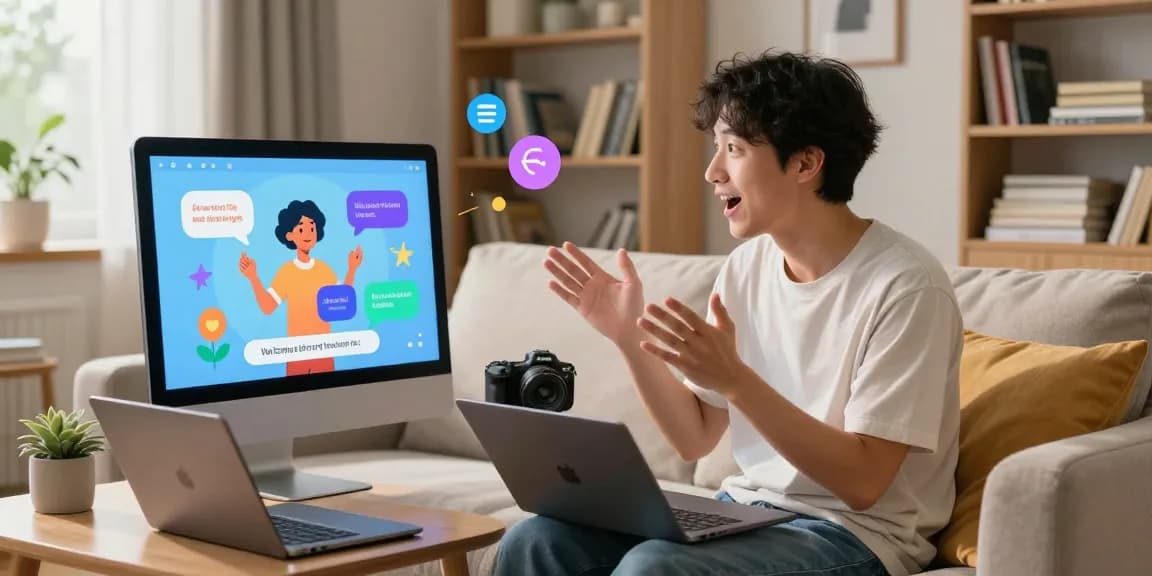 Engaging with a virtual AI character in a cozy living room showcasing juicy ai interactive experience.
