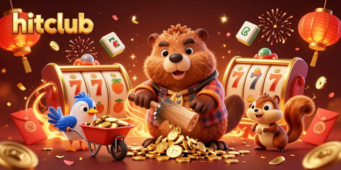 Join the fun at hitclub with a beaver chopping a coin tree in this vibrant casino illustration.