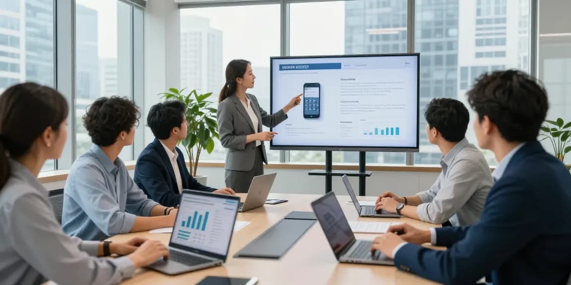 Team collaborating on innovative telephone systems in a modern office meeting room