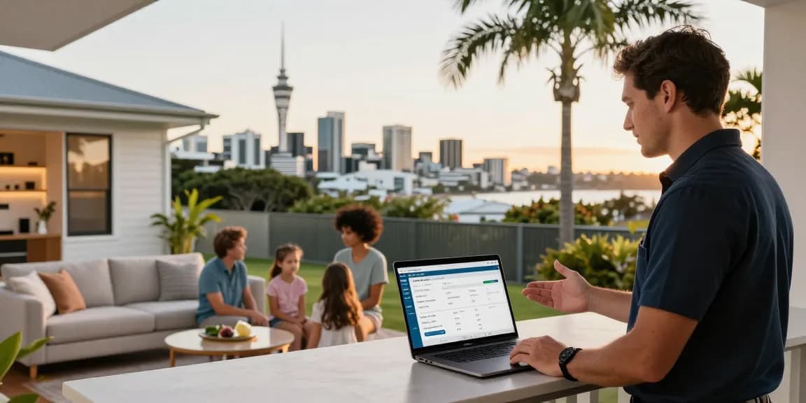 Local property manager with guests discussing Houst Auckland's services in a stylish rental.