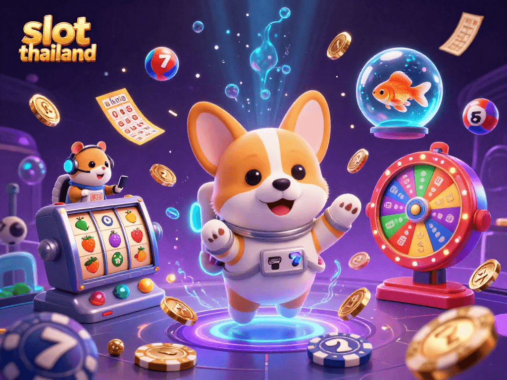Bet on slot thailand with a playful astronaut corgi in a vibrant space casino scene full of excitement.