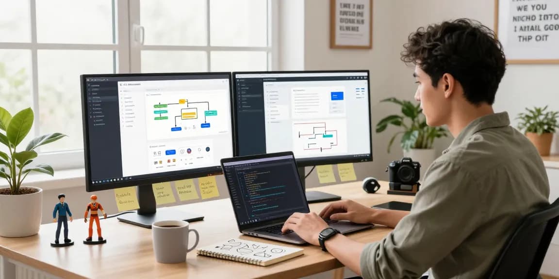 Build internal tools with AI in a modern workspace featuring a developer coding on dual monitors with vibrant tool dashboards.