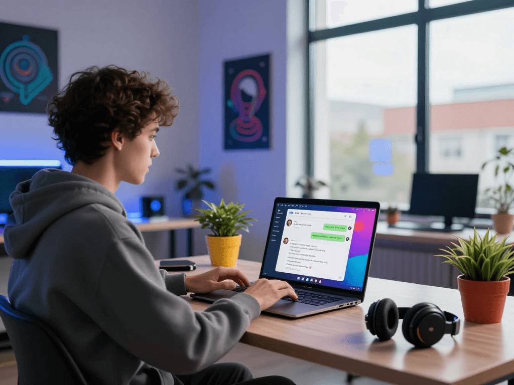 User engaging in nsfw ai chat in a modern tech workspace with vibrant decor.