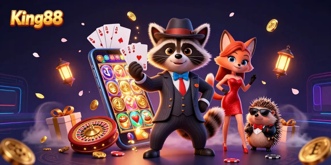 Engage in thrilling casino fun at King88 with a dynamic illustration showcasing a suave raccoon with a royal flush, accompanied by a stylish fox and a bouncer hedgehog.