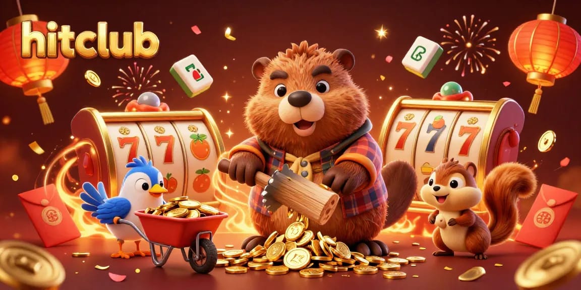 Join the fun at hitclub with a beaver chopping a coin tree in this vibrant casino illustration.