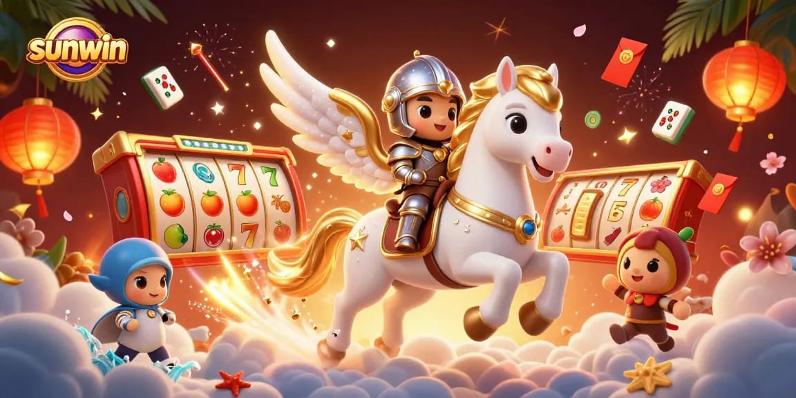 Experience sunwin's thrilling slots adventure with a winged horse and vibrant casino elements!