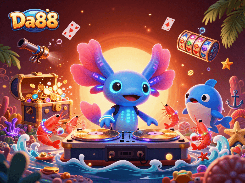 Engage in exciting gaming at Da88 with a vibrant underwater party scene featuring a neon axolotl DJ.