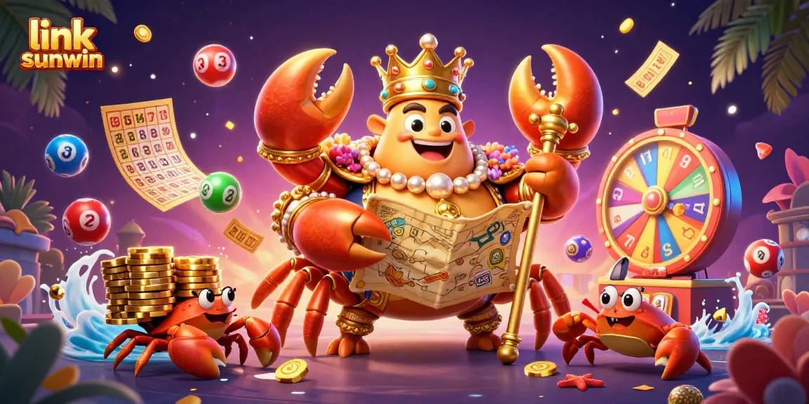 Engage with the exciting link sunwin through a colorful 3D casino scene featuring a crab emperor and lottery elements.
