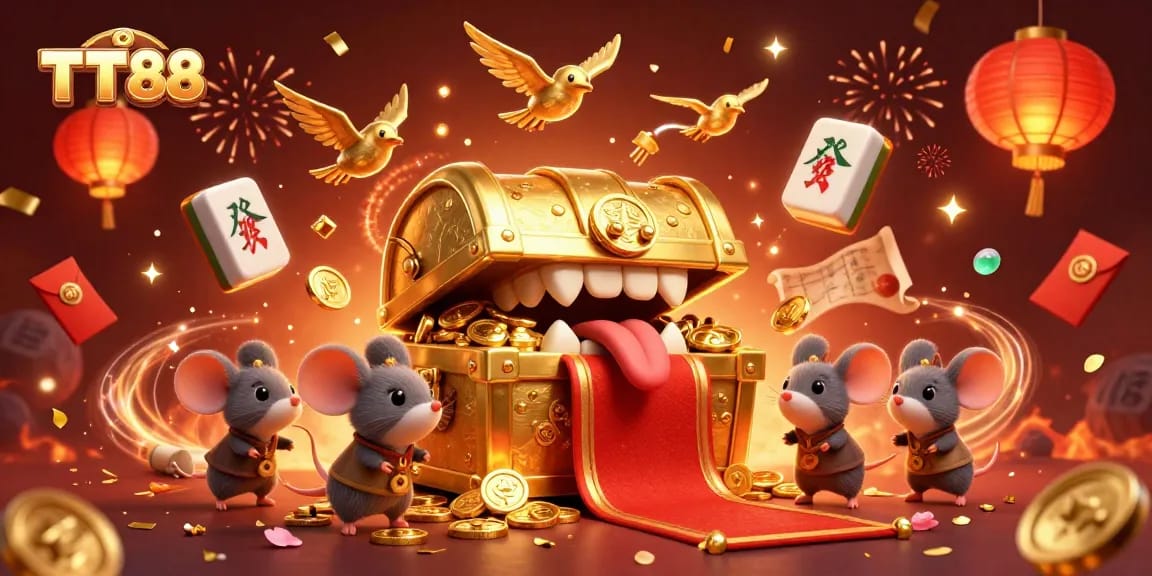 Engage in thrilling gaming adventures at TT88 with a vibrant 3D gambling scene featuring treasure chests and festive elements.