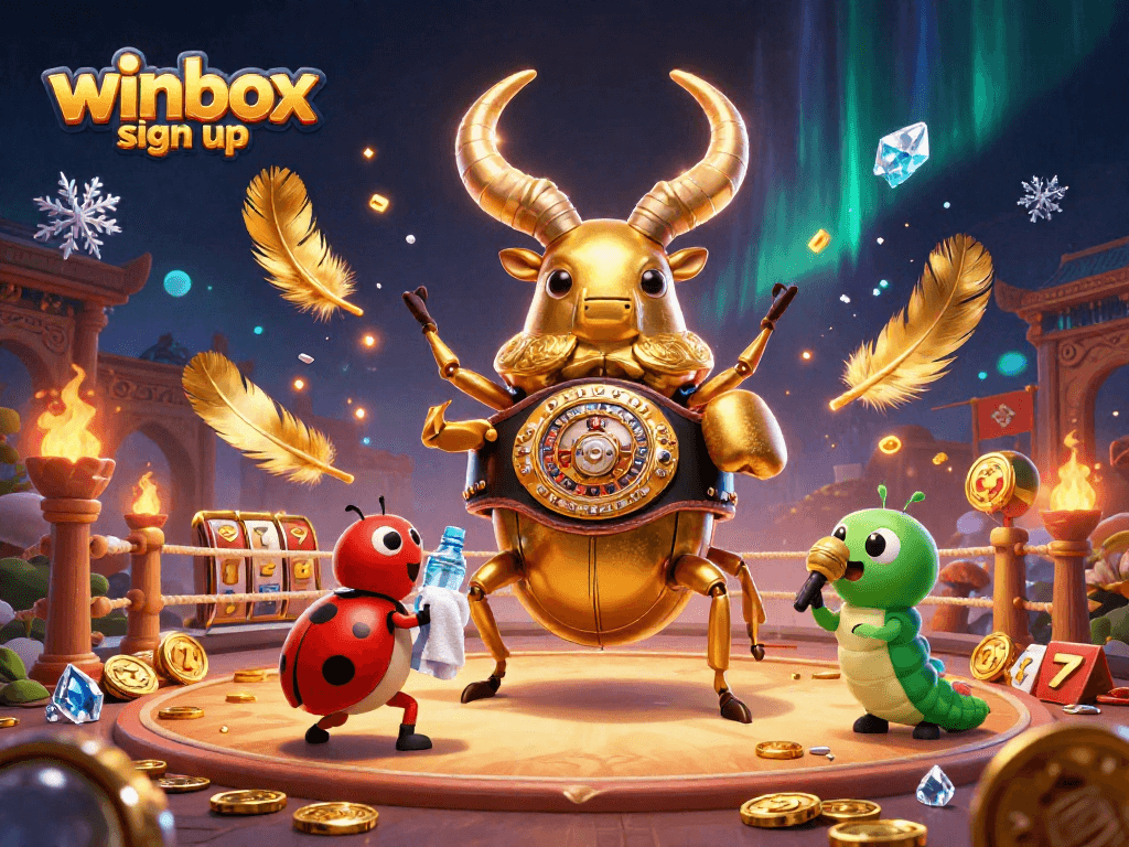 Engage in the winbox sign up with an exciting 3D illustration of casino elements and characters.