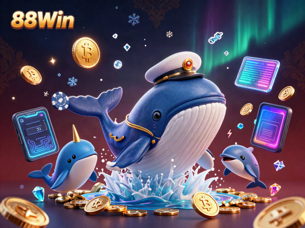 Engage with 88Win's vibrant casino adventures featuring a whimsical whale in a sea of coins.
