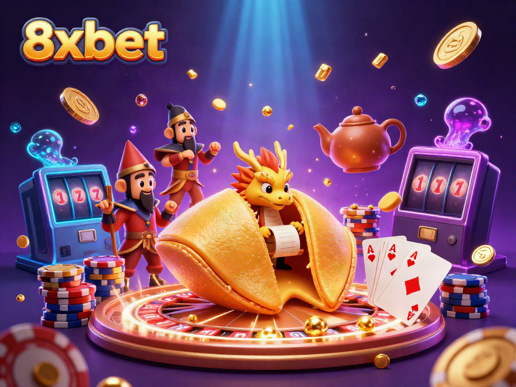 Experience 8xbet with a dynamic scene showcasing fortune cookie, dragon, and casino elements in vibrant detail.