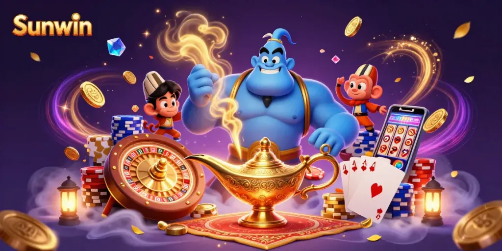 Experience thrilling gameplay at Sunwin with vibrant casino elements in a magical illustration.