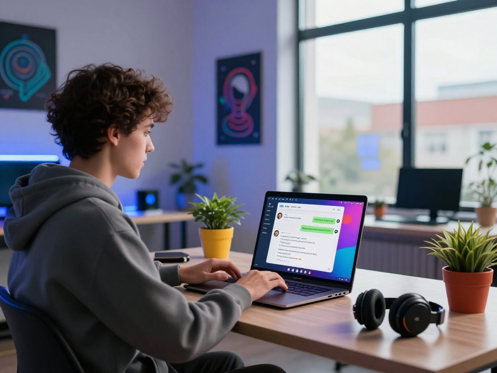 User engaging in nsfw ai chat in a modern tech workspace with vibrant decor.