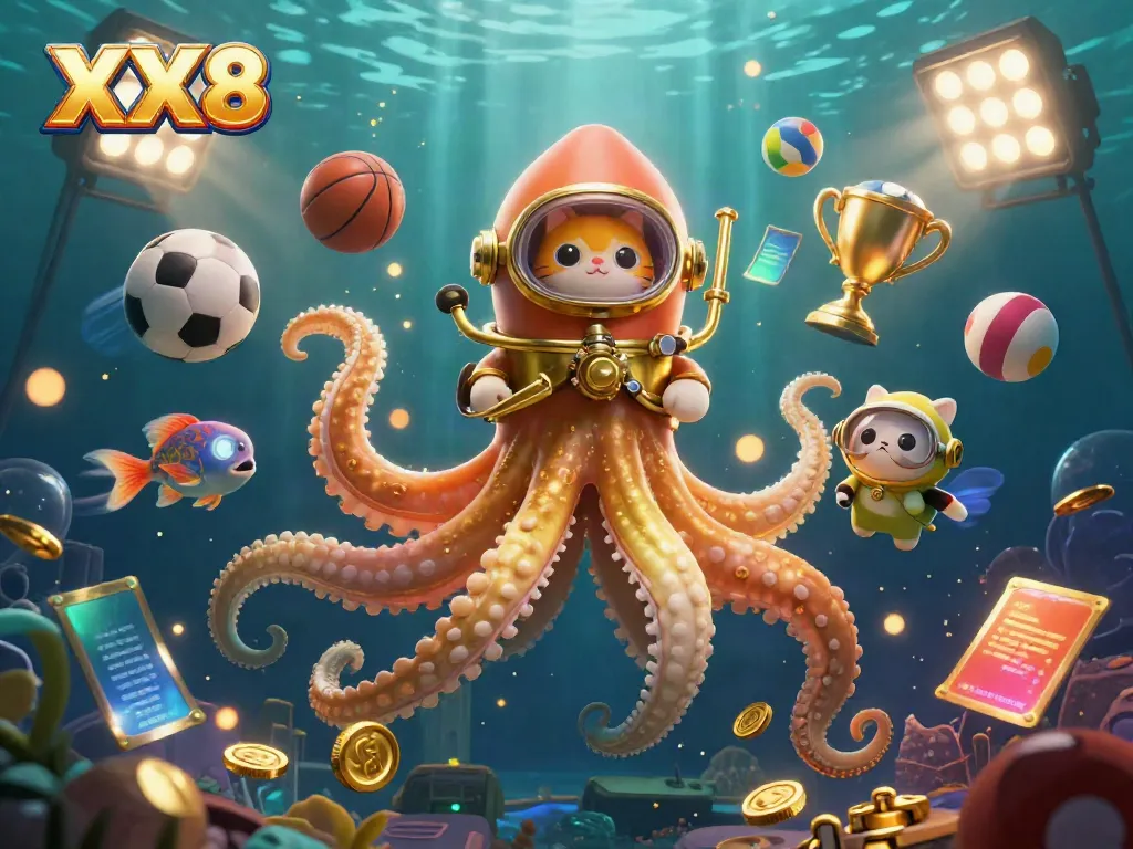 Experience the thrill of XX8 gaming with a kraken, diving cat, and dynamic sports elements in a captivating underwater scene.