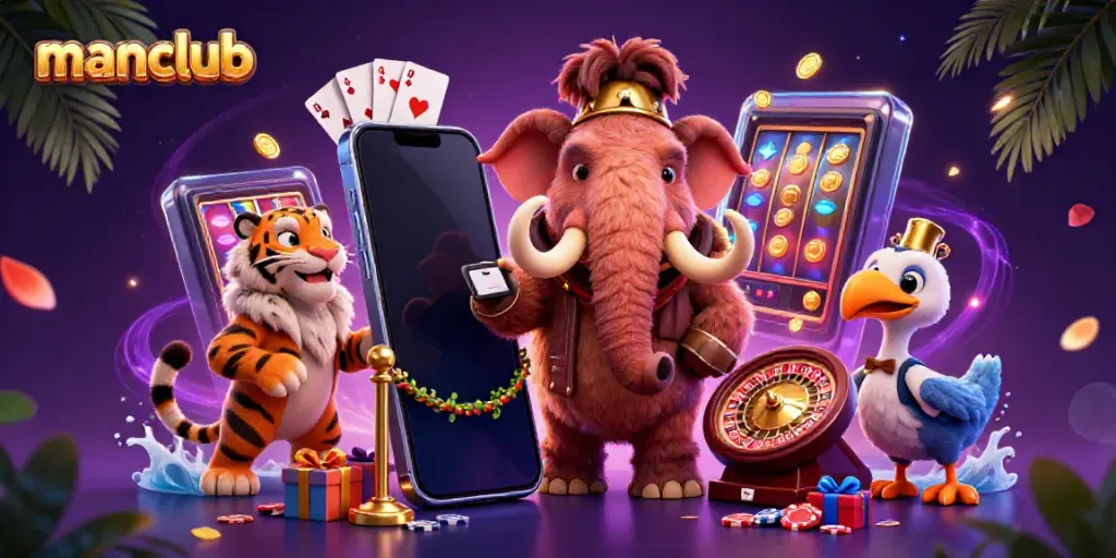 Promoting manclub with a colorful casino scene featuring a mammoth bouncer, saber-tooth tiger VIP, and playful game elements.