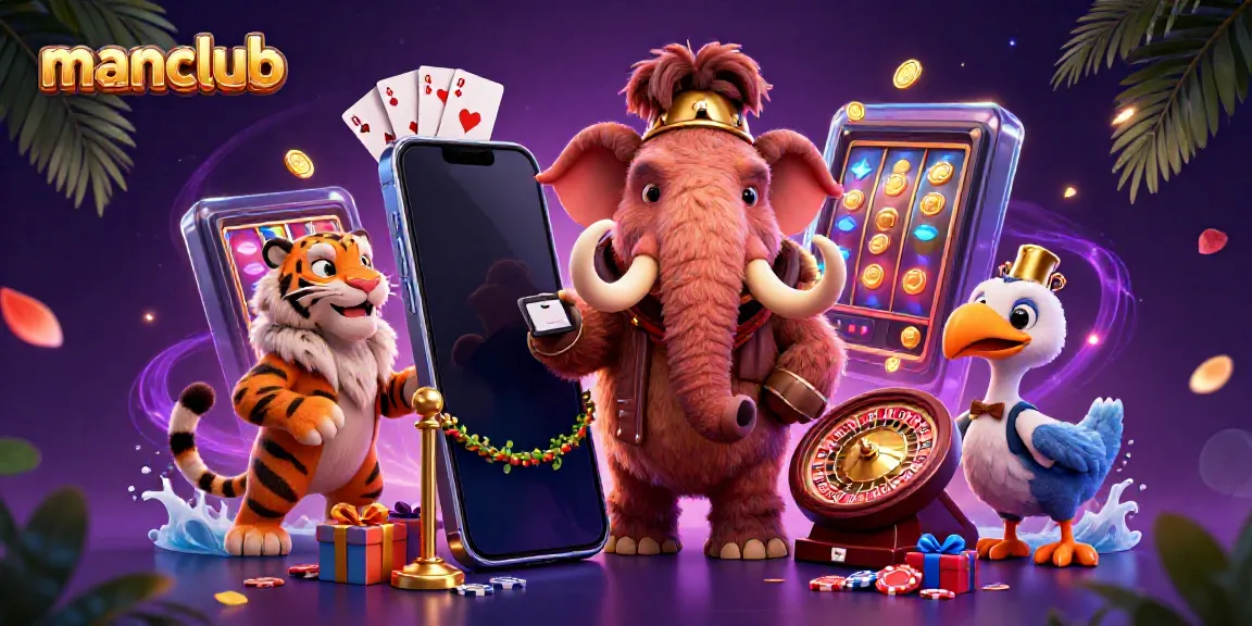 Promoting manclub with a colorful casino scene featuring a mammoth bouncer, saber-tooth tiger VIP, and playful game elements.