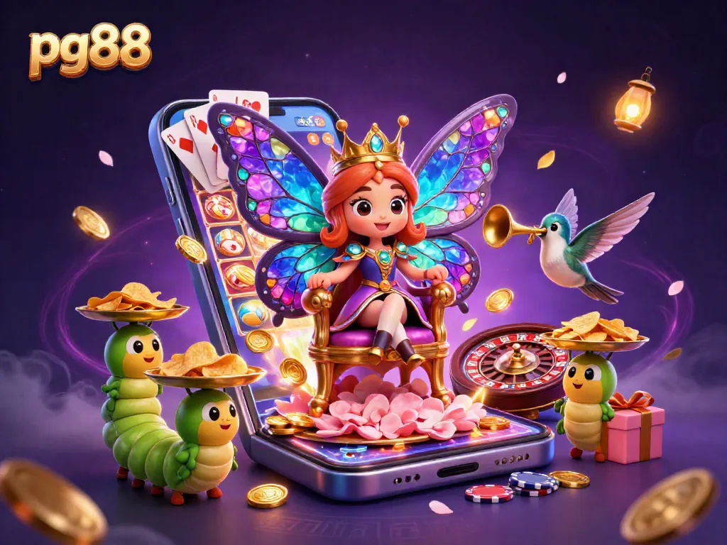 Experience the excitement of pg88 with vibrant characters surrounded by a casino-themed digital illustration.