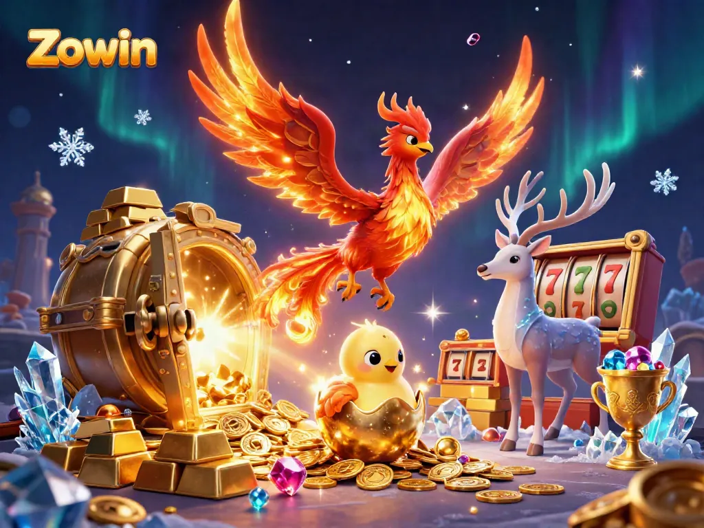 Engage with Zowin's vibrant casino world featuring a fiery phoenix and jackpot elements.