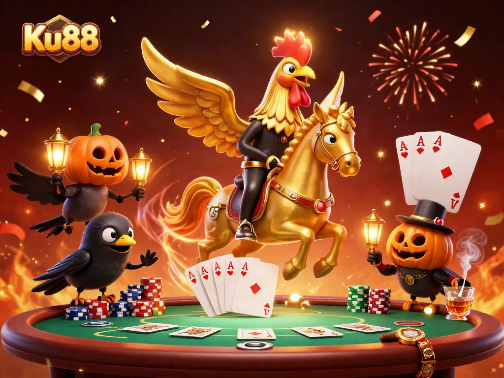 Experience thrilling gameplay at Ku88 with a colorful casino scene featuring a golden rooster and poker elements.