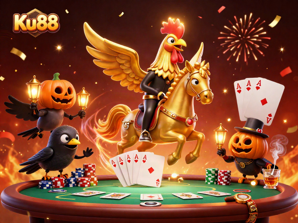 Experience thrilling gameplay at Ku88 with a colorful casino scene featuring a golden rooster and poker elements.