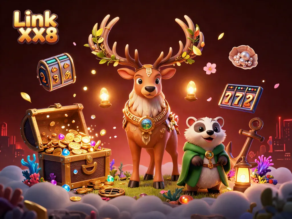 Experience the thrill of Link XX8 slot games with fantasy characters in a vibrant 3D casino scene.