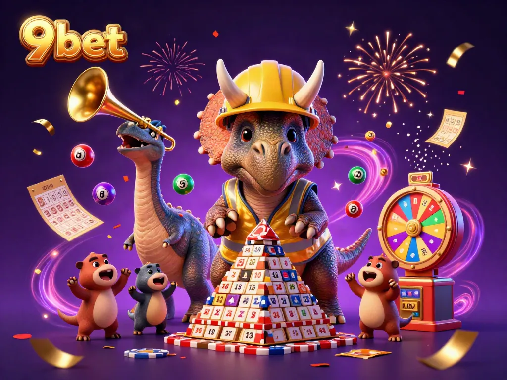Experience exciting gameplay with 9bet as a 3D cartoon triceratops builds poker chip towers amid a vibrant celebration.