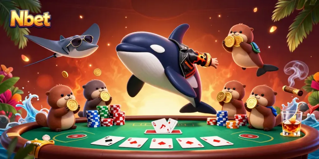 Nbet showcases players engaging with a colorful casino scene filled with poker elements and sea creatures.