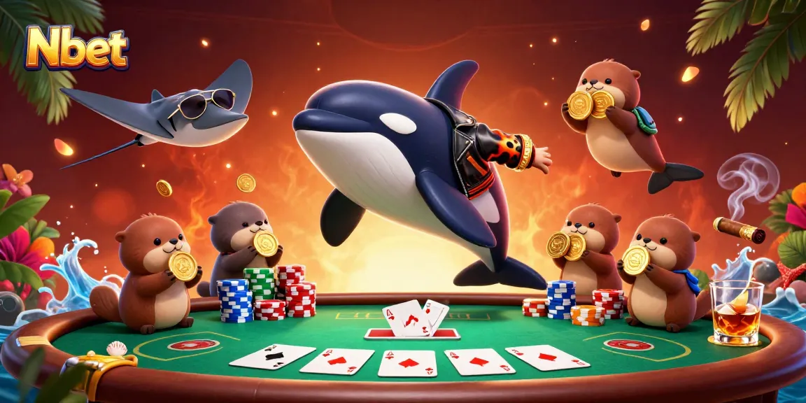 Nbet showcases players engaging with a colorful casino scene filled with poker elements and sea creatures.