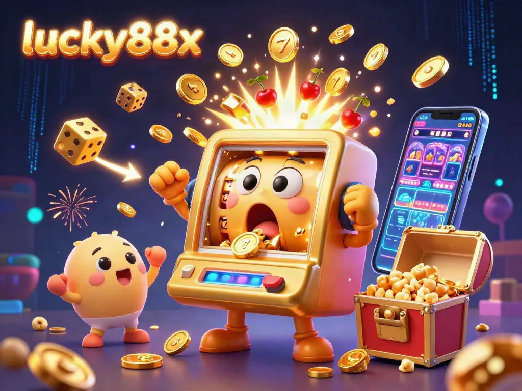 Experience fun at lucky88x as cartoon slot machines hit jackpots, glowing with color and excitement.