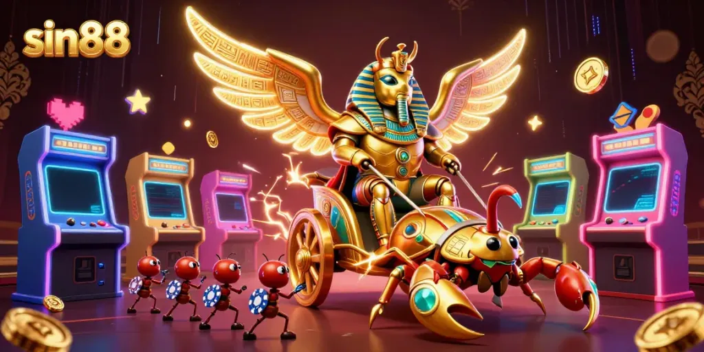 Experience the thrilling world of sin88 with a vibrant 3D illustration featuring iconic casino elements.