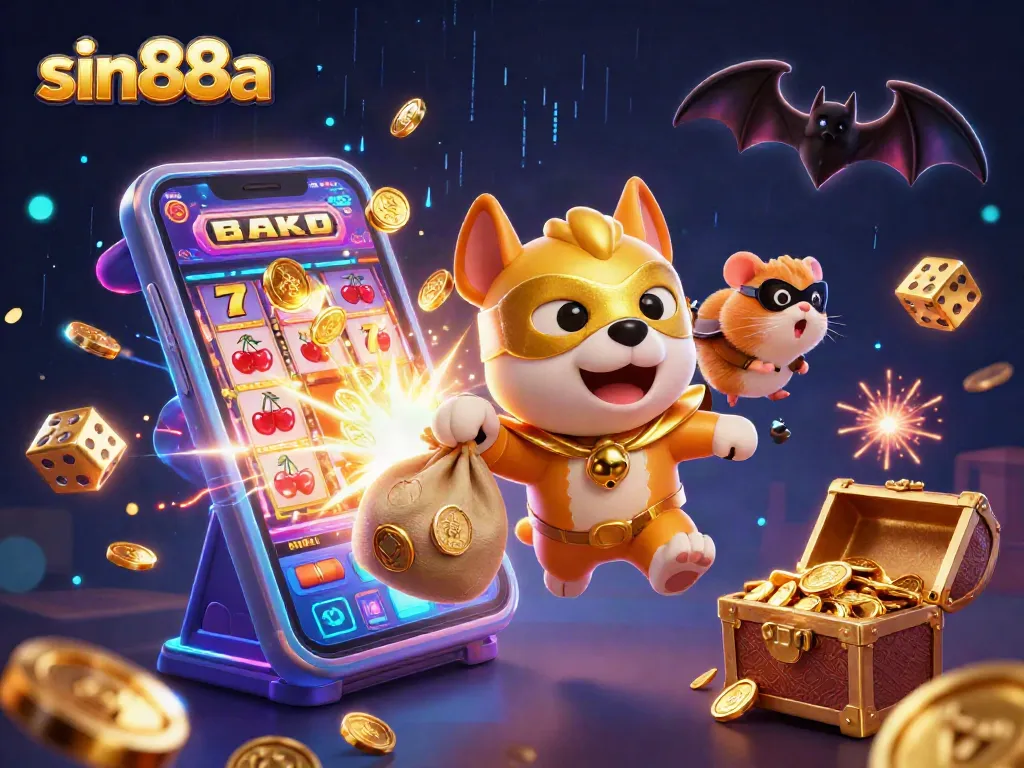 Experience thrilling wins with sin88a in this vibrant casino adventure illustration featuring cartoon characters.