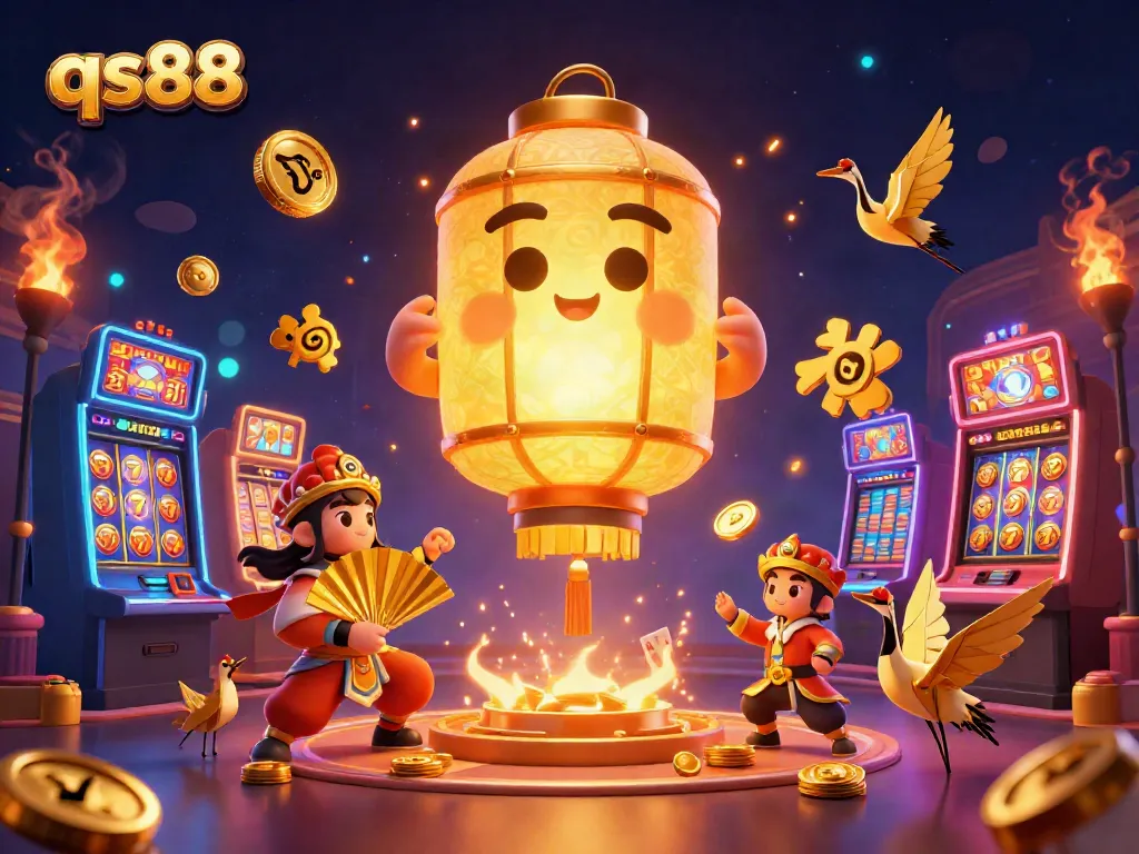Join the excitement at qs88 casino with a vibrant scene of golden lantern spirit and dynamic slot machines.
