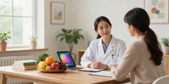 Gut Health Nutritionist London consulting with a client in a warm wellness clinic.