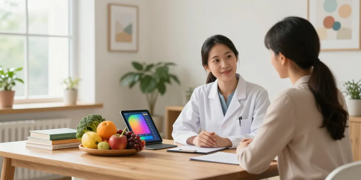 Gut Health Nutritionist London consulting with a client in a warm wellness clinic.