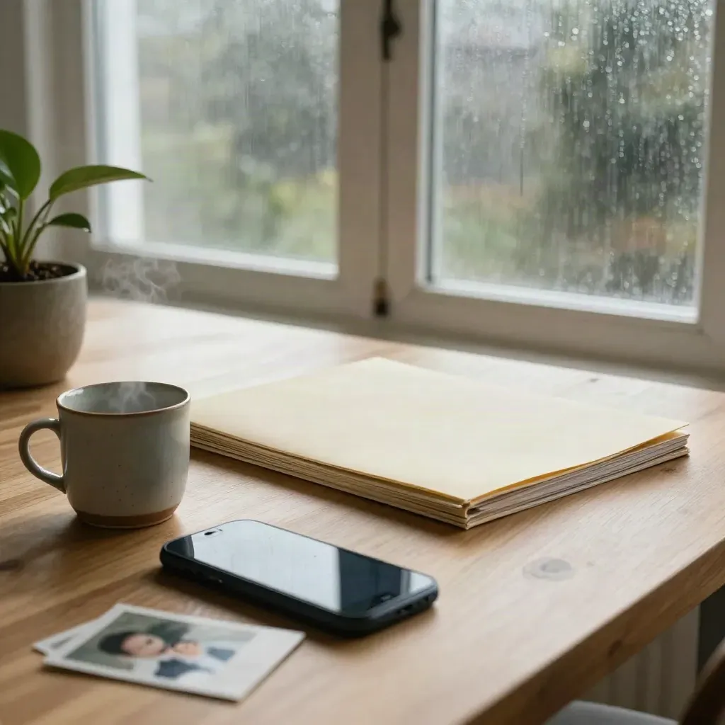 Cream folder, muted phone, mug and plant on a rainy-morning screening consult tabletop