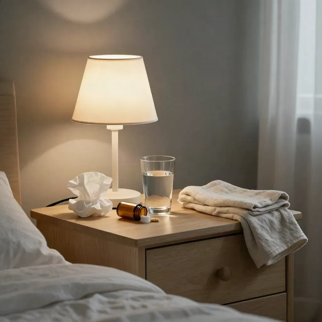 Tissues, pill bottle and water glass beside a glowing bedside lamp before dawn.