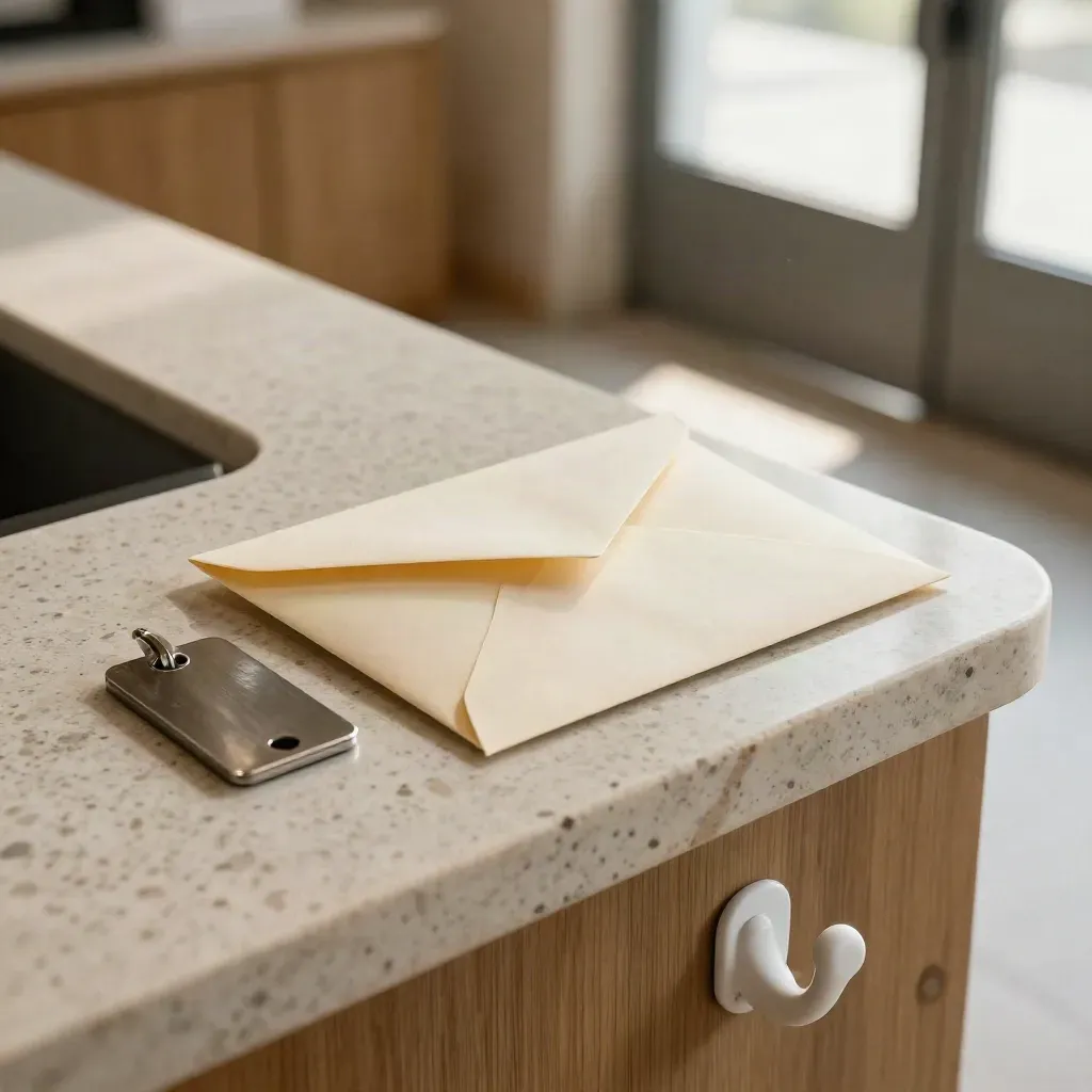 Travertine counter with sealed referral envelope, keycard and coat hook in soft morning blur