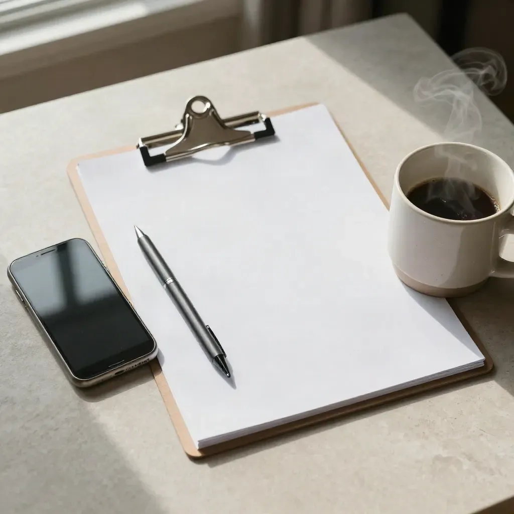 Overhead of a blank clipboard, pen, phone and mug on a pale desk with soft daylight.