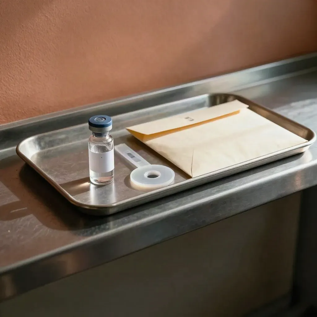 Tray with blood vial, scan-disc sleeve and referral packet on a clinic ledge in dramatic light