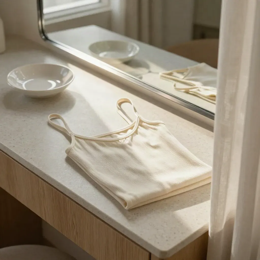 Bedroom vanity with folded camisole, ceramic dish, and dawn light in a mirror, high angle.