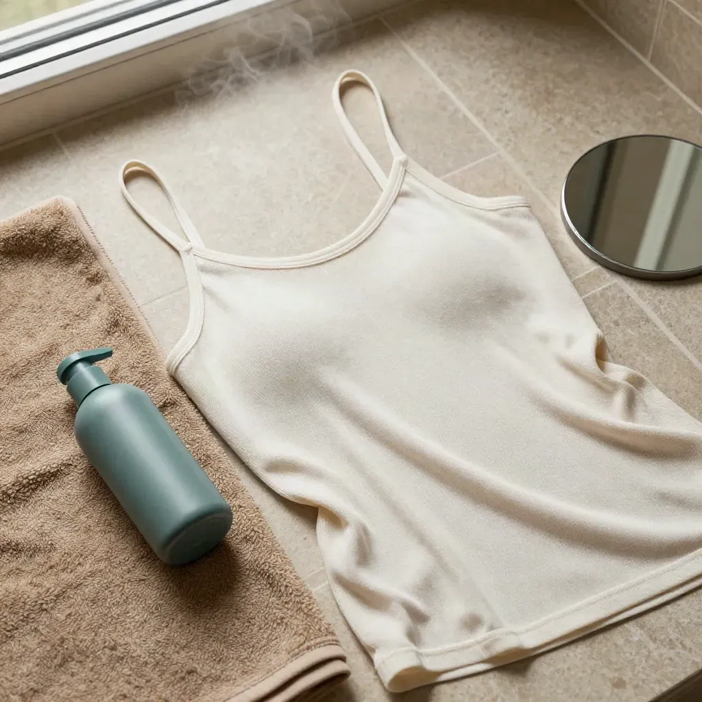 Top-down bathroom flatlay with camisole, towel, lotion bottle and mirror on tiled surface.