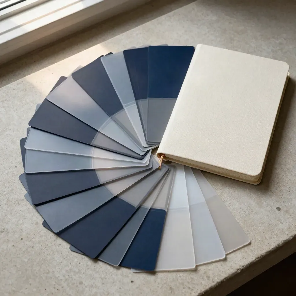 Overhead family-history records with navy tabs, sleeves, and a linen notebook on a stone tray