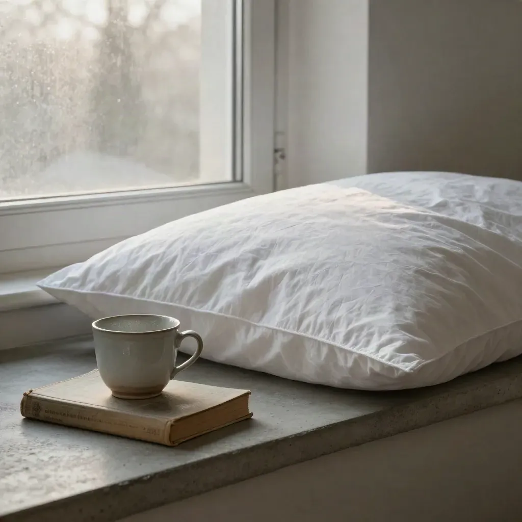 Bedside pillow, tea mug, and closed paperback in soft sunrise light.