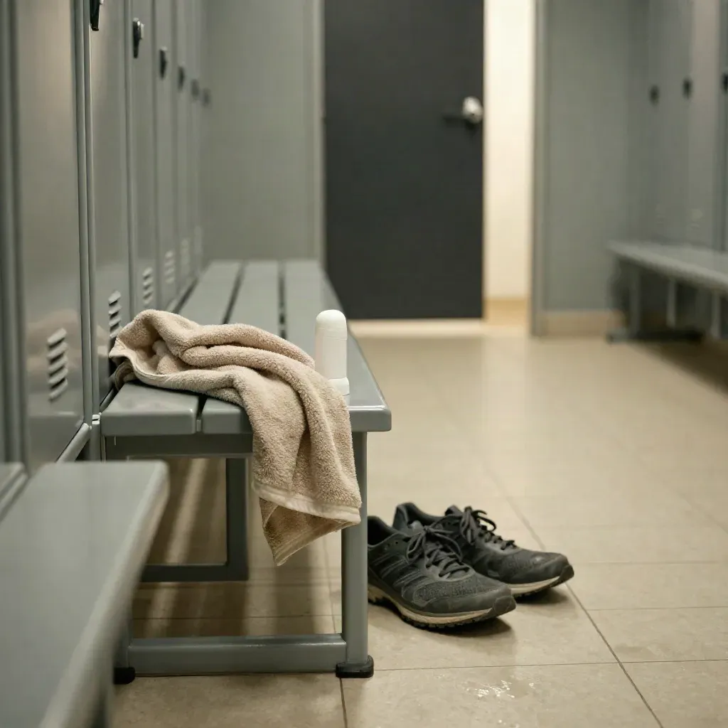 Locker room bench with towel, deodorant stick, running shoes and dark door in soft grey light