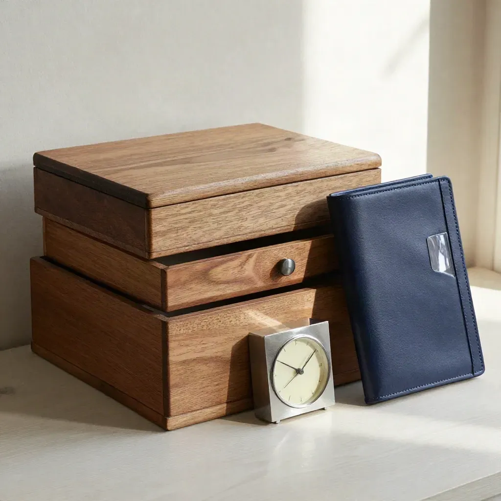Overhead flatlay of worn wooden boxes, a clock and a family album sleeve on pale ash wood.
