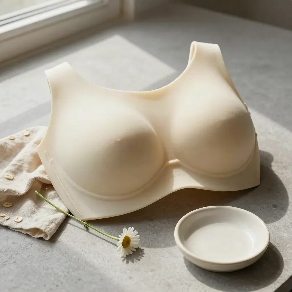 Ivory anatomical breast form with chamomile, linen and ceramic dish on pale stone