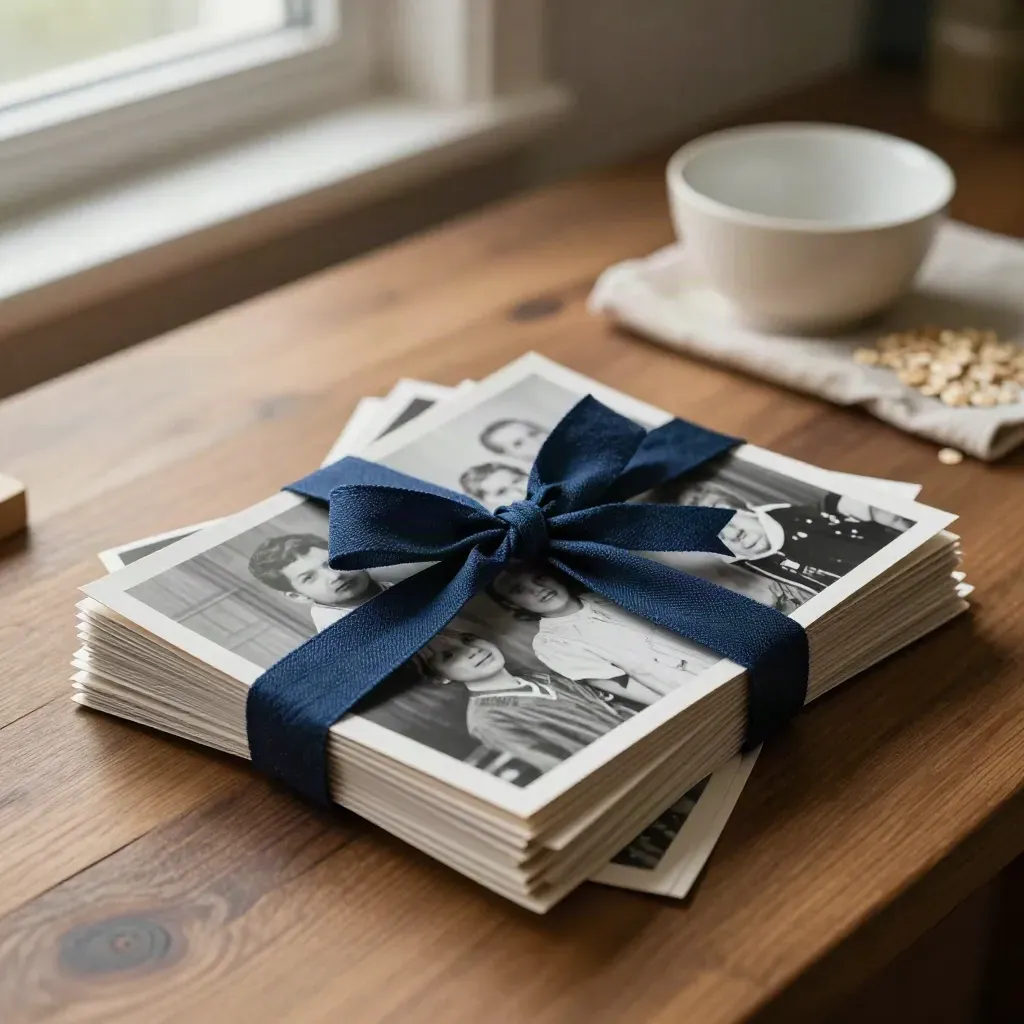 Stacked family photo prints, navy ribbon and ceramic bowl on a walnut desk