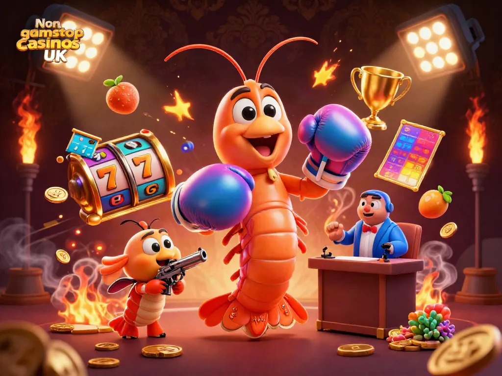 Engaging scene of Non gamstop casinos UK with dynamic game elements and whimsical characters.