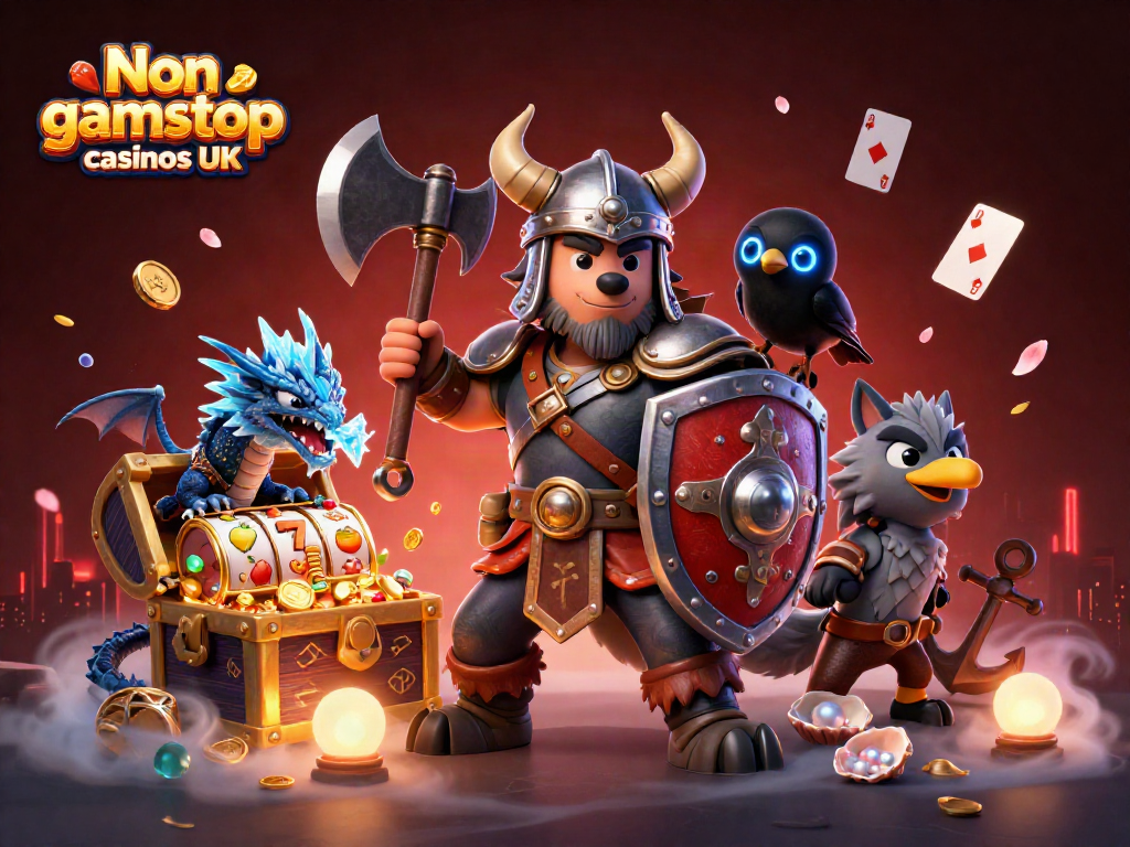 Engage with Non gamstop casinos UK through a vivid 3D scene of a Viking warrior and dragon.